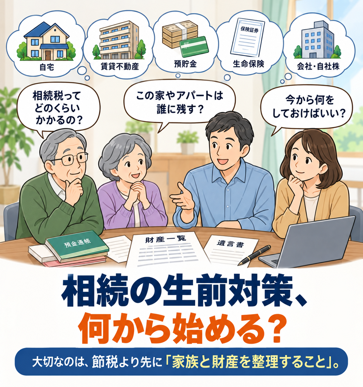 相続の生前対策で、相続税・自宅やアパートの承継・今から何をすべきかを家族で考えるイメージ