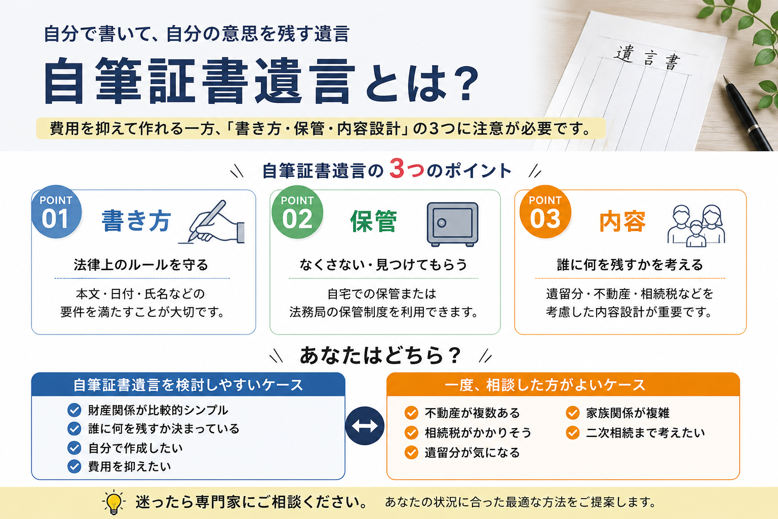 自筆証書遺言とは｜書き方・保管・内容の3つのポイント