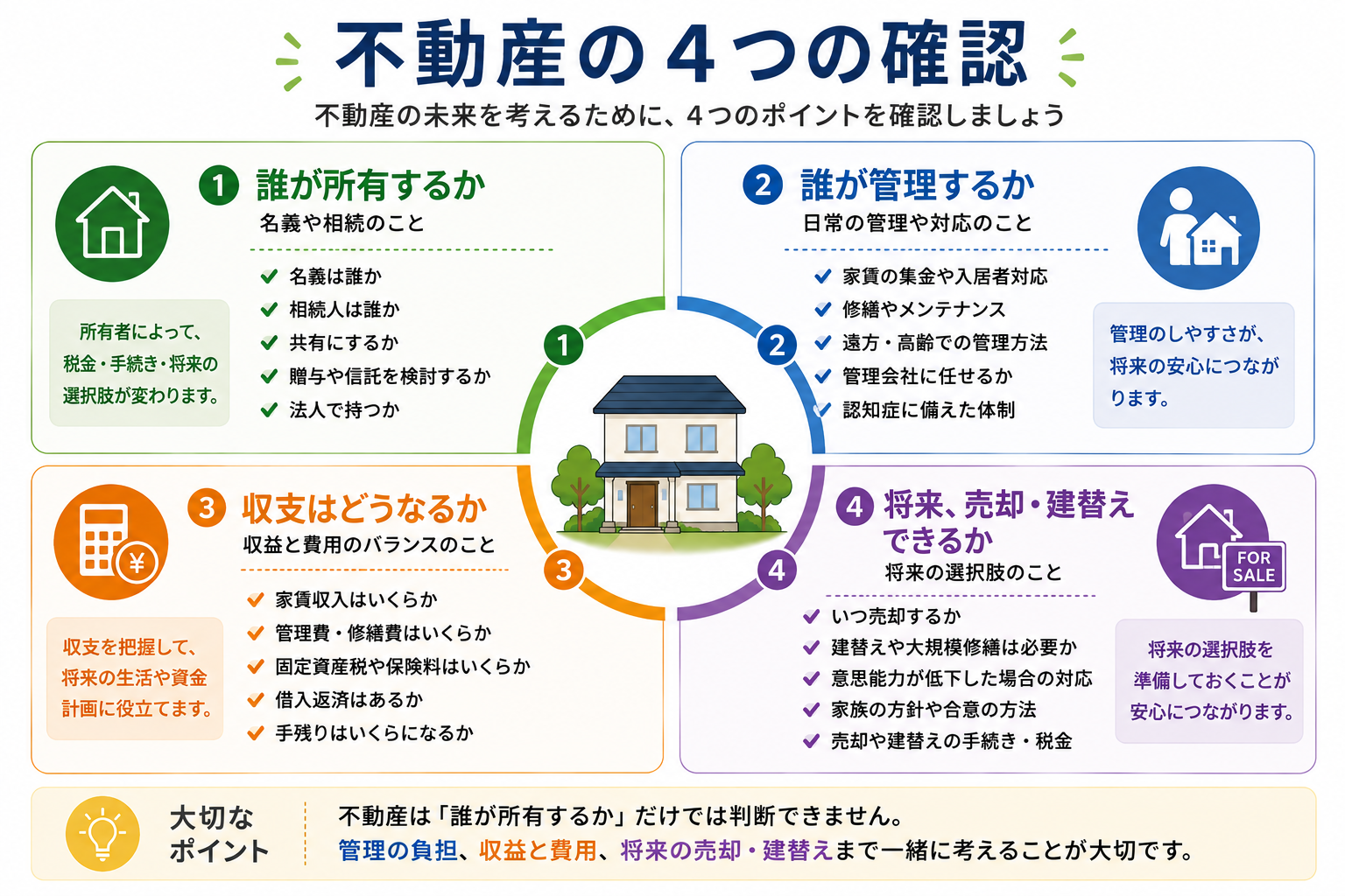 不動産について、誰が所有するか、誰が管理するか、収支はどうなるか、将来売却や建替えができるかの4点を確認する図